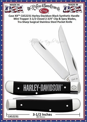 W.R. Case & Sons Cutlery CA52231 Case XX™ Harley-Davidson Black Synthetic Handle Mini Trapper 3-1/2 Closed 2-3/4" Clip & Spey Blades, Tru-Sharp Surgical Stainless Steel Pocket Knife W.R. Case & Sons Cutlery CA52231 Case XX™ Harley-Davidson Black Synthetic Handle Mini Trapper 3-1/2 Closed 2-3/4" Clip & Spey Blades, Tru-Sharp Surgical Stainless Steel Pocket Knife