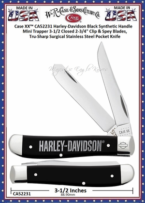 W.R. Case & Sons Cutlery CA52231 Case XX™ Harley-Davidson Black Synthetic Handle Mini Trapper 3-1/2 Closed 2-3/4" Clip & Spey Blades, Tru-Sharp Surgical Stainless Steel Pocket Knife W.R. Case & Sons Cutlery CA52231 Case XX™ Harley-Davidson Black Synthetic Handle Mini Trapper 3-1/2 Closed 2-3/4" Clip & Spey Blades, Tru-Sharp Surgical Stainless Steel Pocket Knife