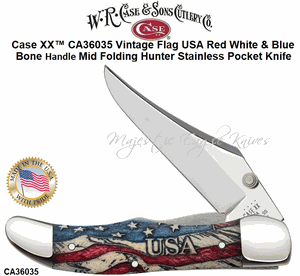 W.R. Case & Son's Cutlery CA36035 Case XX� Vintage Flag USA Red White & Blue Bone Handle Mid Folding Hunter Stainless Pocket Knife          