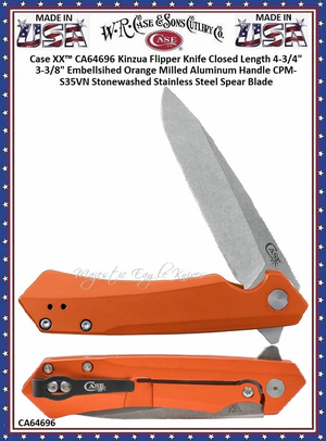 W.R. Case & Sons Cutlery CA64696 Case XX� Kinzua Flipper Knife Closed Length 4-3/4" 3-3/8" Embellished Orange Milled Aluminum Handle CPM-S35VN Stonewashed Stainless Steel Spear Blade