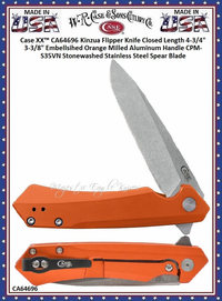 W.R. Case & Sons Cutlery CA64696 Case XX™ Kinzua Flipper Knife Closed Length 4-3/4" 3-3/8" Embellished Orange Milled Aluminum Handle CPM-S35VN Stonewashed Stainless Steel Spear Blade W.R. Case & Sons Cutlery CA64696 Case XX™ Kinzua Flipper Knife Closed Length 4-3/4" 3-3/8" Embellished Orange Milled Aluminum Handle CPM-S35VN Stonewashed Stainless Steel Spear Blade