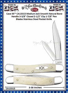 W.R. Case & Sons Cutlery CA13315 Case XX� Medium Jack Smooth Natural Bone Handle 3-3/8" Closed 2-1/2" Clip 1-7/8" Pen Blades Stainless Steel Pocket Knife 