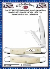 W.R. Case & Sons Cutlery CA13315 Case XX� Medium Jack Smooth Natural Bone Handle 3-3/8" Closed 2-1/2" Clip 1-7/8" Pen Blades Stainless Steel Pocket Knife 