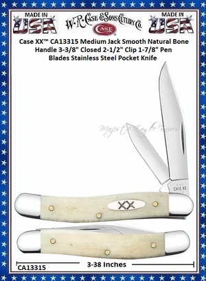 W.R. Case & Sons Cutlery CA13315 Case XX™ Medium Jack Smooth Natural Bone Handle 3-3/8" Closed 2-1/2" Clip 1-7/8" Pen Blades Stainless Steel Pocket Knife W.R. Case & Sons Cutlery CA13315 Case XX™ Medium Jack Smooth Natural Bone Handle 3-3/8" Closed 2-1/2" Clip 1-7/8" Pen Blades Stainless Steel Pocket Knife