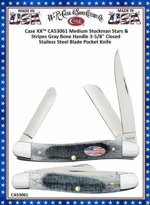 W.R. Case & Son's Cutlery CA53061 Case XX™ Medium Stockman Stars & Stripes Gray Bone Handle 3-5/8" Closed Stainless Steel Blade Pocket Knife W.R. Case & Son's Cutlery CA53061 Case XX™ Medium Stockman Stars & Stripes Gray Bone Handle 3-5/8" Closed Stainless Steel Blade Pocket Knife