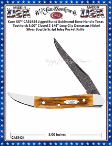 W.R. Case & Sons Cutlery CA52424 Case XX� Jigged Burnt Goldenrod Bone Handle Texas Toothpick 3.00" Closed 2-1/4" Long Clip Damascus Nickel Silver Bowtie Script Inlay Pocket Knife
