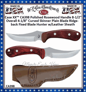 W.R. Case & Son's Cutlery CA398 Case Ridgeback 3 1/2" Swept Skinner Plain Blade Rosewood Handled Skinning Knife & Leather Sheath