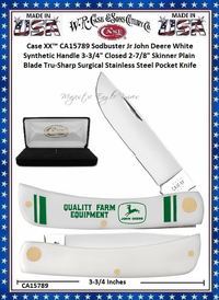  W.R. Case & Sons Cutlery CA15789 Case XX� Sodbuster Jr John Deere White Synthetic Handle 3-3/ 4" Closed 2-7/8" Skinner Plain Blade Tru-sharp Surgical Stainless Steel Pocket Knife 