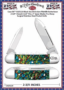W.R. Case & Sons Cutlery CA25114 Case XX�  Black Sea Dichrolam Handle Butterbean 2-3/4" Closed 2-1/2" Pen, 2" Spear Blades Tru-Sharp Surgical Stainless Steel Pocket Knife 
