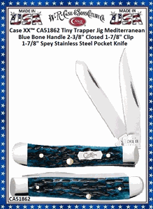 W.R. Case & Sons Cutlery CA51862 Case XX� Tiny Trapper Jig Mediterranean Blue Bone Handle 2-3/8" Closed 1-7/8" Clip 1-7/8" Spey Stainless Steel Pocket Knife
