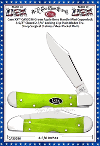 W.R. Case & Sons Cutlery CA53036 Case XX� Green Apple Bone Handle Mini Copperlock 3-5/8" Closed 2-3/4" Locking Clip Plain Blade Tru-Sharp Surgical Stainless Steel Pocket Knife 