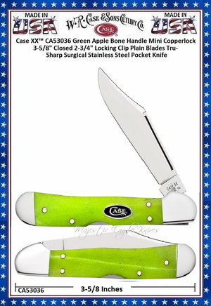 W.R. Case & Sons Cutlery CA53036 Case XX� Green Apple Bone Handle Mini Copperlock 3-5/8" Closed 2-3/4" Locking Clip Plain Blade Tru-Sharp Surgical Stainless Steel Pocket Knife 