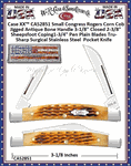 W.R. Case & Sons Cutlery CA52851 Case XX� Small Congress Rogers Corn Cob Jigged Antique Bone Handle 3-1/8" Closed 2-3/8" Sheepsfoot Coping1-3/4" Pen Plain Blades Tru-Sharp Surgical Stainless Steel  Pocket Knife
