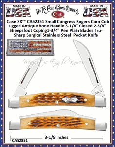 W.R. Case & Sons Cutlery CA52851 Case XX� Small Congress Rogers Corn Cob Jigged Antique Bone Handle 3-1/8" Closed 2-3/8" Sheepsfoot Coping1-3/4" Pen Plain Blades Tru-Sharp Surgical Stainless Steel  Pocket Knife