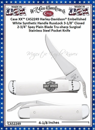 W.R. Case & Sons Cutlery CA52249 Case XX™ Harley-Davidson® Embellished White Synthetic Handle RussLock 3-1/8" Closed 2-3/4" Spey Plain Blade Tru-sharp Surgical Stainless Steel Pocket Knife W.R. Case & Sons Cutlery CA52249 Case XX™ Harley-Davidson® Embellished White Synthetic Handle RussLock 3-1/8" Closed 2-3/4" Spey Plain Blade Tru-sharp Surgical Stainless Steel Pocket Knife