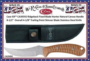 W.R. Case & Sons Cutlery CA30592 Case XX™ Ridgeback Fixed Blade Hunter Natural Canvas Handle 8-1/2" Overall 4-1/8" Trailing Point Skinner Blade Stainless Steel Knife W.R. Case & Sons Cutlery CA30592 Case XX™ Ridgeback Fixed Blade Hunter Natural Canvas Handle 8-1/2" Overall 4-1/8" Trailing Point Skinner Blade Stainless Steel Knife