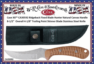 W.R. Case & Sons Cutlery CA30592 Case XX� Ridgeback Fixed Blade Hunter Natural Canvas Handle 8-1/2"  Overall 4-1/8" Trailing Point Skinner Blade Stainless Steel Knife