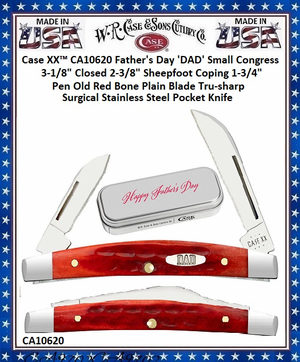 W.R. Case & Sons Cutlery CA10620 Case XX� Father's Day 'DAD' Small Congress 3-1/8" Closed 2-3/8" Sheepfoot Coping 1-3/4" Pen Old Red Bone Plain Blade Tru-sharp Surgical Stainless Steel Pocket Knife