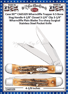 W.R. Case & Sons Cutlery CA65329 Case XX� Wharncliffe Trapper 6.5 Bone Stag Handle 4-1/8" Closed 3-1/4" Clip 3-1/4" Wharncliffe Plain Blades Tru-sharp Surgical Stainless Steel Pocket Knife