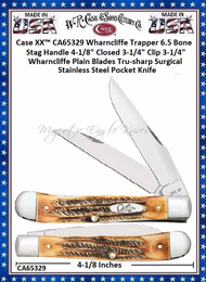 W.R. Case & Sons Cutlery CA65329 Case XX� Wharncliffe Trapper 6.5 Bone Stag Handle 4-1/8" Closed 3-1/4" Clip 3-1/4" Wharncliffe Plain Blades Tru-sharp Surgical Stainless Steel Pocket Knife