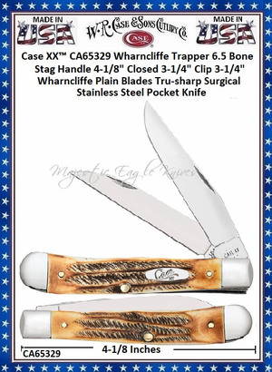 W.R. Case & Sons Cutlery CA65329 Case XX� Wharncliffe Trapper 6.5 Bone Stag Handle 4-1/8" Closed 3-1/4" Clip 3-1/4" Wharncliffe Plain Blades Tru-sharp Surgical Stainless Steel Pocket Knife