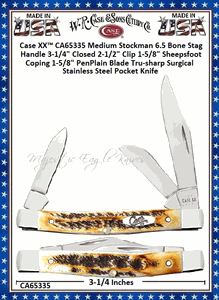 W.R. Case & Sons Cutlery CA65335 Case XX� Medium Stockman 6.5 Bone Stag Handle 3-1/4" Closed 2-1/2" Clip 1-5/8" Sheepsfoot Coping 1-5/8" Pen Plain Blade Tru-sharp Surgical Stainless Steel Pocket Knife