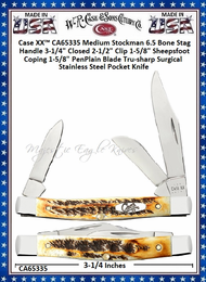 W.R. Case & Sons Cutlery CA65335 Case XX� Medium Stockman 6.5 Bone Stag Handle 3-1/4" Closed 2-1/2" Clip 1-5/8" Sheepsfoot Coping 1-5/8" Pen Plain Blade Tru-sharp Surgical Stainless Steel Pocket Knife