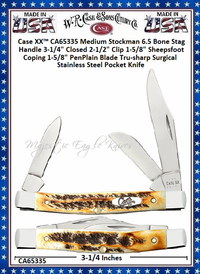 W.R. Case & Sons Cutlery CA65335 Case XX™ Medium Stockman 6.5 Bone Stag Handle 3-1/4" Closed 2-1/2" Clip 1-5/8" Sheepsfoot Coping 1-5/8" Pen Plain Blade Tru-sharp Surgical Stainless Steel Pocket Knife W.R. Case & Sons Cutlery CA65335 Case XX™ Medium Stockman 6.5 Bone Stag Handle 3-1/4" Closed 2-1/2" Clip 1-5/8" Sheepsfoot Coping 1-5/8" Pen Plain Blade Tru-sharp Surgical Stainless Steel Pocket Knife