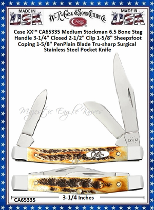 W.R. Case & Sons Cutlery CA65335 Case XX� Medium Stockman 6.5 Bone Stag Handle 3-1/4" Closed 2-1/2" Clip 1-5/8" Sheepsfoot Coping 1-5/8" Pen Plain Blade Tru-sharp Surgical Stainless Steel Pocket Knife