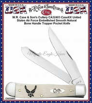 W.R. Case & Son's Cutlery CA32403 CaseXX United States Air Force Embellished Smooth Natural Bone Handle Trapper Pocket Knife W.R. Case & Son's Cutlery CA32403 CaseXX United States Air Force Embellished Smooth Natural Bone Handle Trapper Pocket Knife