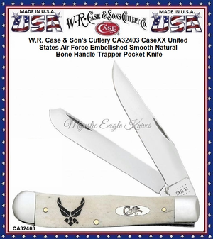W.R. Case & Son's Cutlery CA32403 CaseXX United States Air Force Embellished Smooth Natural Bone Handle Trapper Pocket Knife 