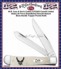 W.R. Case & Son's Cutlery CA32403 CaseXX United States Air Force Embellished Smooth Natural Bone Handle Trapper Pocket Knife W.R. Case & Son's Cutlery CA32403 CaseXX United States Air Force Embellished Smooth Natural Bone Handle Trapper Pocket Knife