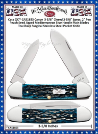 W.R. Case & Sons Cutlery CA51853 Case XX� Pocket Worn Peach Seed Mediterranean Blue Bone Handle Canoe  3-5/8" Closed 2-5/8" Spear, 2" Pen Plain Blades Tru-Sharp Surgical Stainless Steel Pocket Knife