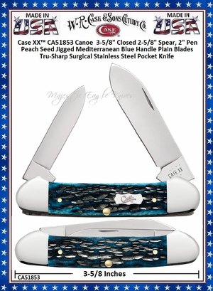 W.R. Case & Sons Cutlery CA51853 Case XX™ Pocket Worn Peach Seed Mediterranean Blue Bone Handle Canoe 3-5/8" Closed 2-5/8" Spear, 2" Pen Plain Blades Tru-Sharp Surgical Stainless Steel Pocket Knife W.R. Case & Sons Cutlery CA51853 Case XX™ Pocket Worn Peach Seed Mediterranean Blue Bone Handle Canoe 3-5/8" Closed 2-5/8" Spear, 2" Pen Plain Blades Tru-Sharp Surgical Stainless Steel Pocket Knife