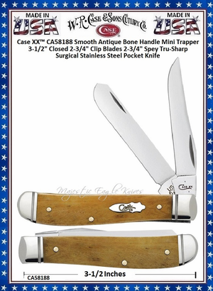 W.R. Case & Son's Cutlery CA58188 CASE XX™ Smooth Antique Bone Handle Fluted Bolsters Mini Trapper Pocket Knife W.R. Case & Son's Cutlery CA58188 CASE XX™ Smooth Antique Bone Handle Fluted Bolsters Mini Trapper Pocket Knife