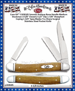 W.R. Case & Son's Cutlery CA58185 Case XX� Smooth Antique Bone Handle Medium Stockman 3-5/8" Closed 2-1/2" Clip 1-7/8" Sheepfoot Coping 1-3/4" Spey Blades Tru-Sharp Surgical Stainless Steel Pocket Knife