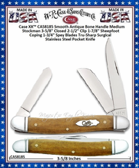 W.R. Case & Son's Cutlery CA58185 Case XX� Smooth Antique Bone Handle Medium Stockman 3-5/8" Closed 2-1/2" Clip 1-7/8" Sheepfoot Coping 1-3/4" Spey Blades Tru-Sharp Surgical Stainless Steel Pocket Knife