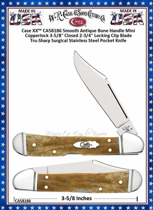 W.R. Case & Son's Cutlery CA58186 Case XX� Smooth Antique Bone Handle Mini Copperlock 3-5/8" Closed 2-3/4" Locking Clip Blade Tru-Sharp Surgical Stainless Steel Pocket Knife