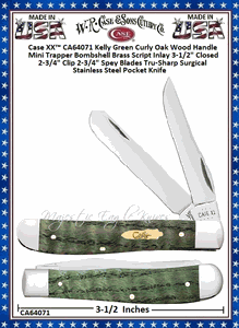 W.R. Case & Sons Cutlery CA64071 Case XX™ Kelly Green Curly Oak Wood Handle Mini Trapper Bombshell Brass Script Inlay 3-1/2" Closed 2-3/4" Clip 2-3/4" Spey Blades Tru-Sharp Surgical Stainless Steel Pocket Knife W.R. Case & Sons Cutlery CA64071 Case XX™ Kelly Green Curly Oak Wood Handle Mini Trapper Bombshell Brass Script Inlay 3-1/2" Closed 2-3/4" Clip 2-3/4" Spey Blades Tru-Sharp Surgical Stainless Steel Pocket Knife