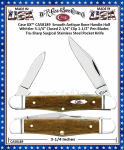 W.R. Case & Son's Cutlery CA58189 Case XX� Smooth Antique Bone Handle Half Whittler 3-1/4" Closed 2-1/4" Clip 1-1/2" Pen Blades Tru-Sharp Surgical Stainless Steel Pocket Knife