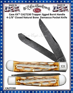 W.R. Case & Sons Cutlery CA27230 Case XX� Trapper Jigged Burnt Bone Handle 4-1/8" Closed Damascus Pocket Knife