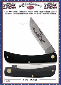 W.R. Case & Sons Cutlery CA092 Case XX� Sodbuster Pocket Knife 4-5/8" Closed, 3-3/4" Skinner Etched Stainless Steel Plain Blade Jet-Black Synthetic Handle