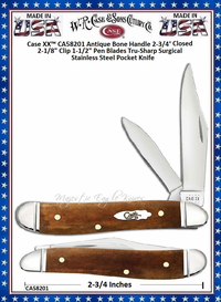 W.R. Case & Son's Cutlery CA58201 Case XX� Antique Bone Handle Peanut 2-3/4" Closed 2-1/8" Clip 1-1/2" Pen Blades Tru-Sharp Surgical Stainless Steel Pocket Knife