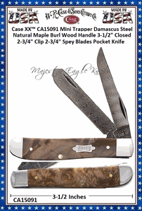W.R. Case & Sons Cutlery CA15091 Case XX� Mini Trapper Damascus Steel Natural Maple Burl Wood Handle 3-1/2" Closed 2-3/4" Clip 2-3/4" Spey Blades Pocket Knife 