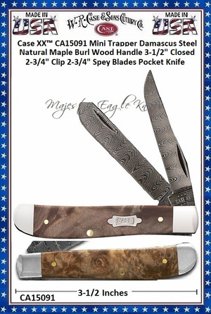W.R. Case & Sons Cutlery CA15091 Case XX� Mini Trapper Damascus Steel Natural Maple Burl Wood Handle 3-1/2" Closed 2-3/4" Clip 2-3/4" Spey Blades Pocket Knife 