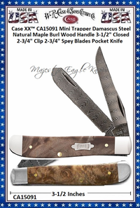 W.R. Case & Sons Cutlery CA15091 Case XX� Mini Trapper Damascus Steel Natural Maple Burl Wood Handle 3-1/2" Closed 2-3/4" Clip 2-3/4" Spey Blades Pocket Knife 