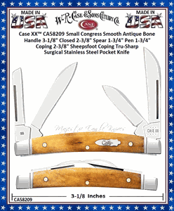 W.R. Case & Son's Cutlery CA58209 Case XX� Small Congress Smooth Antique Bone Handle 3-1/8" Closed 2-3/8" Spear 1-3/4" Pen 1-3/4" Coping 2-3/8" Sheepsfoot Coping Tru-Sharp Surgical Stainless Steel Pocket Knife