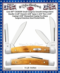 W.R. Case & Son's Cutlery CA58209 Case XX� Small Congress Smooth Antique Bone Handle 3-1/8" Closed 2-3/8" Spear 1-3/4" Pen 1-3/4" Coping 2-3/8" Sheepsfoot Coping Tru-Sharp Surgical Stainless Steel Pocket Knife