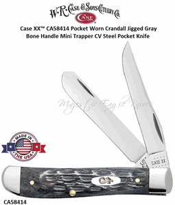 W.R. Case & Son's Cutlery CA58414 Case XX� Pocket Worn Crandall Jigged Gray Bone Handle Mini Trapper CV Steel Pocket Knife 