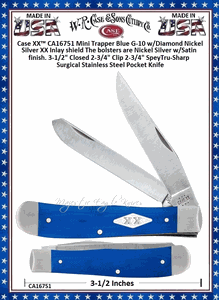 W.R. Case & Sons Cutlery CA16751 Case XX� Mini Trapper Blue G-10 w/Diamond Nickel Silver XX Inlay shield The bolsters are Nickel Silver w/Satin finish. 3-1/2" Closed 2-3/4" Clip 2-3/4" SpeyTru-Sharp Surgical Stainless Steel Pocket Knife